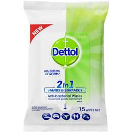 Dettol 2 In 1 Hands And Surfaces Antibacterial Wipes 15 Pk