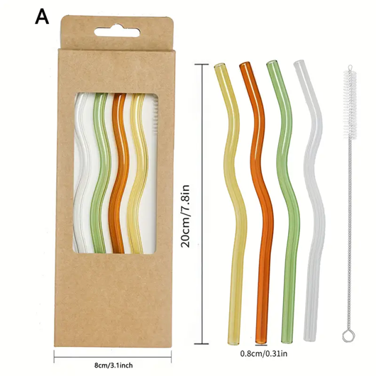 Wavy Coloured Glass Straws - 4pk